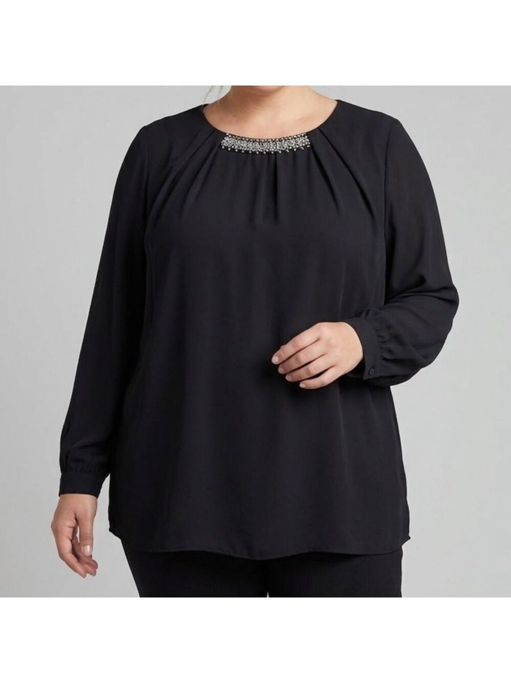 Mandy Evans Dark Gray Long Sleeve Blouse Crystal Accents 2X
